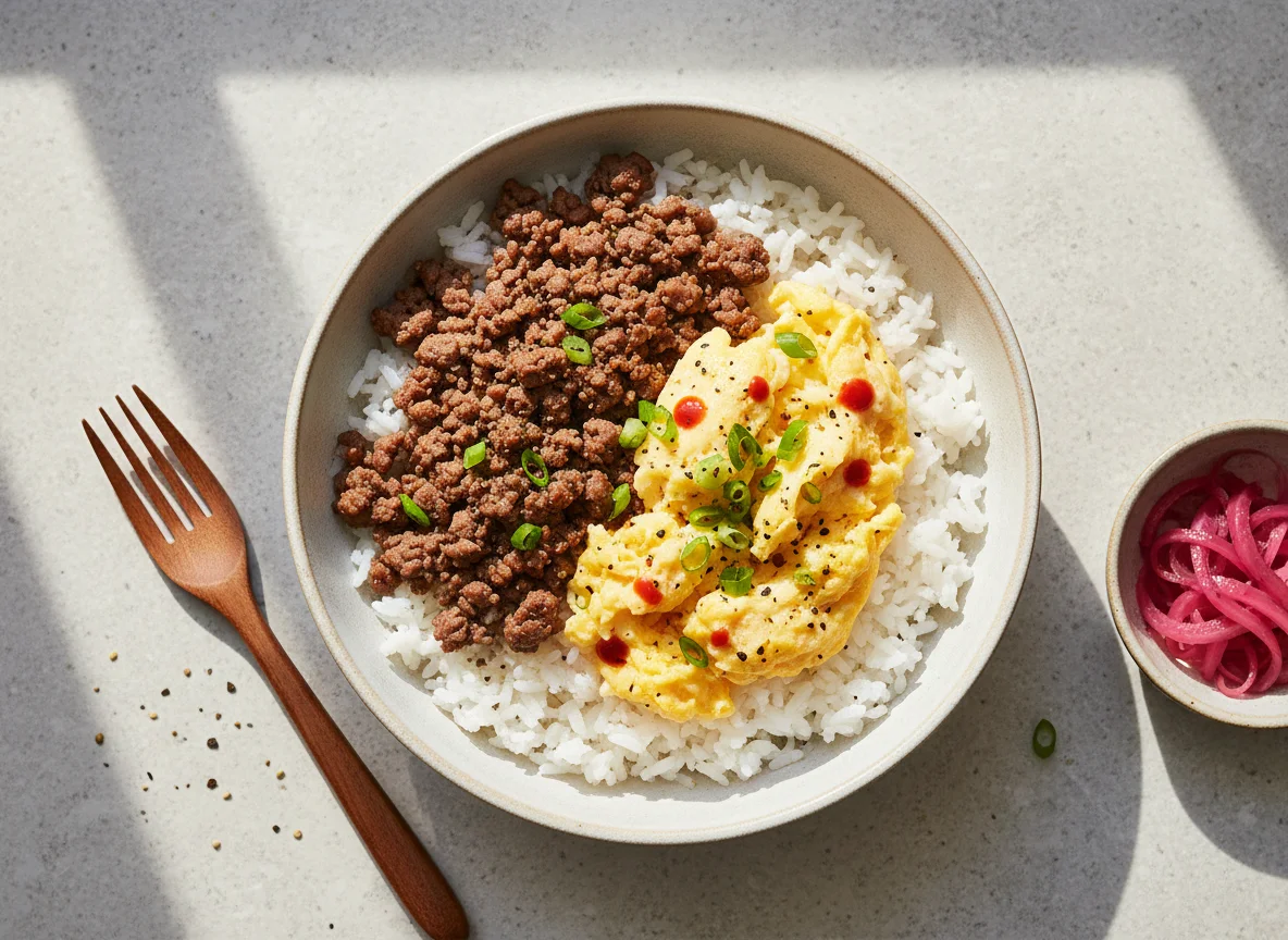 Rice Bowl with Ground Meat and Scrambled Eggs photo