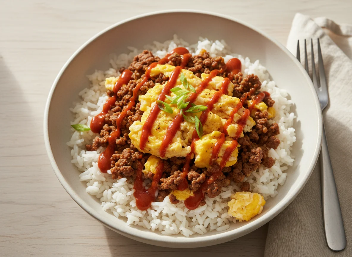 Rice Bowl with Ground Meat, Eggs, and Hot Sauce photo