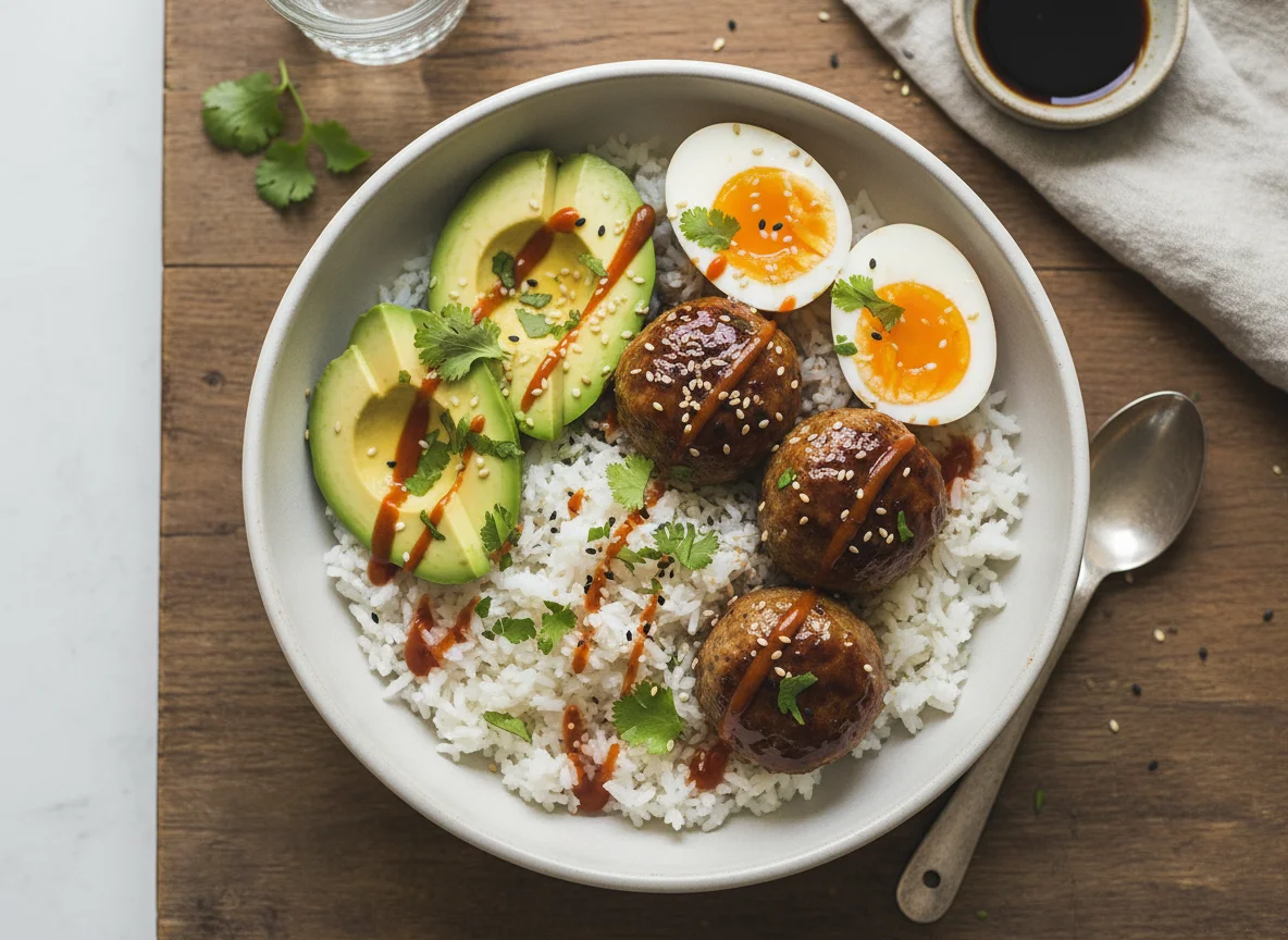Rice bowl with meatballs, avocado, and boiled eggs photo