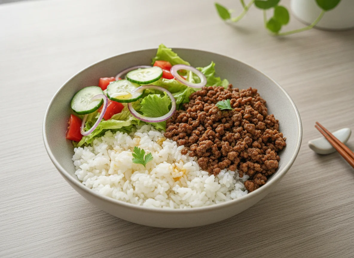 Rice bowl with minced meat and fresh salad photo