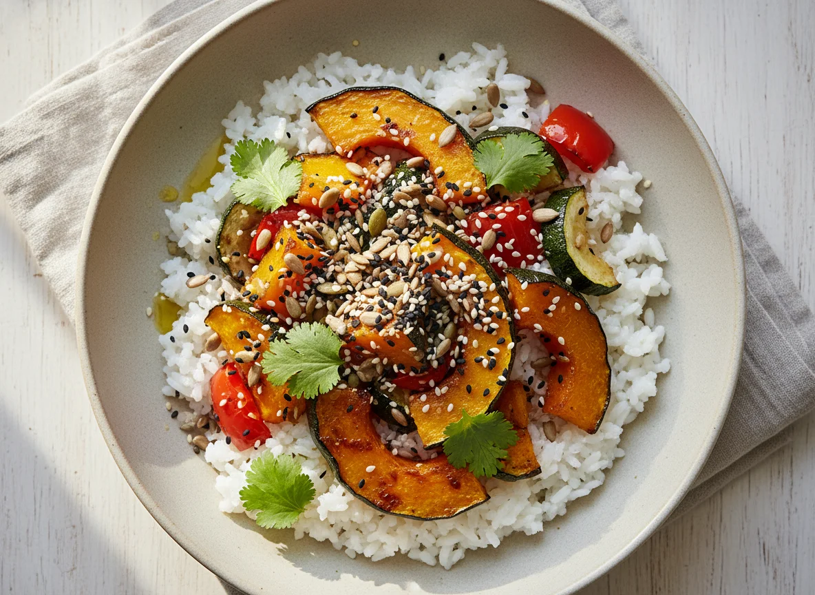 Rice bowl with roasted vegetables and mixed seeds photo