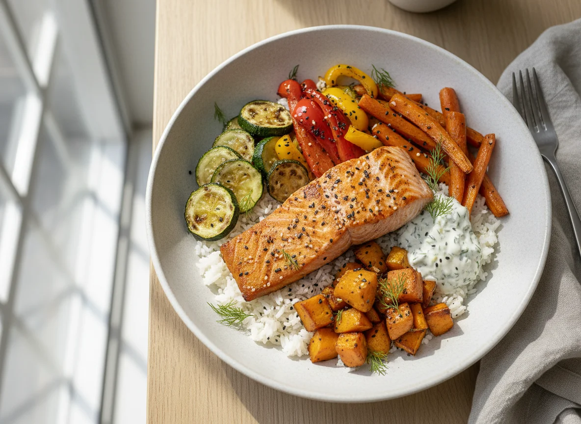Rice Bowl with Roasted Vegetables and Salmon photo