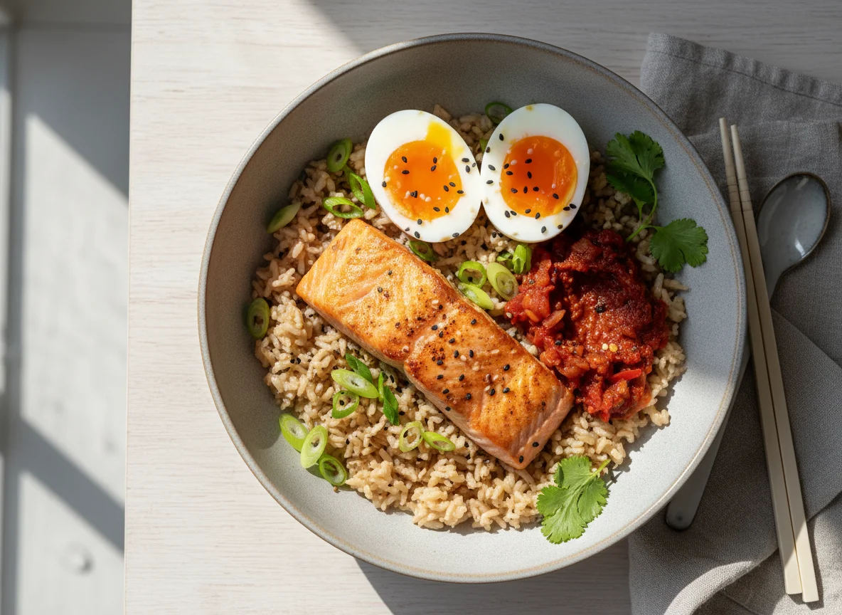 Rice bowl with salmon and boiled eggs photo