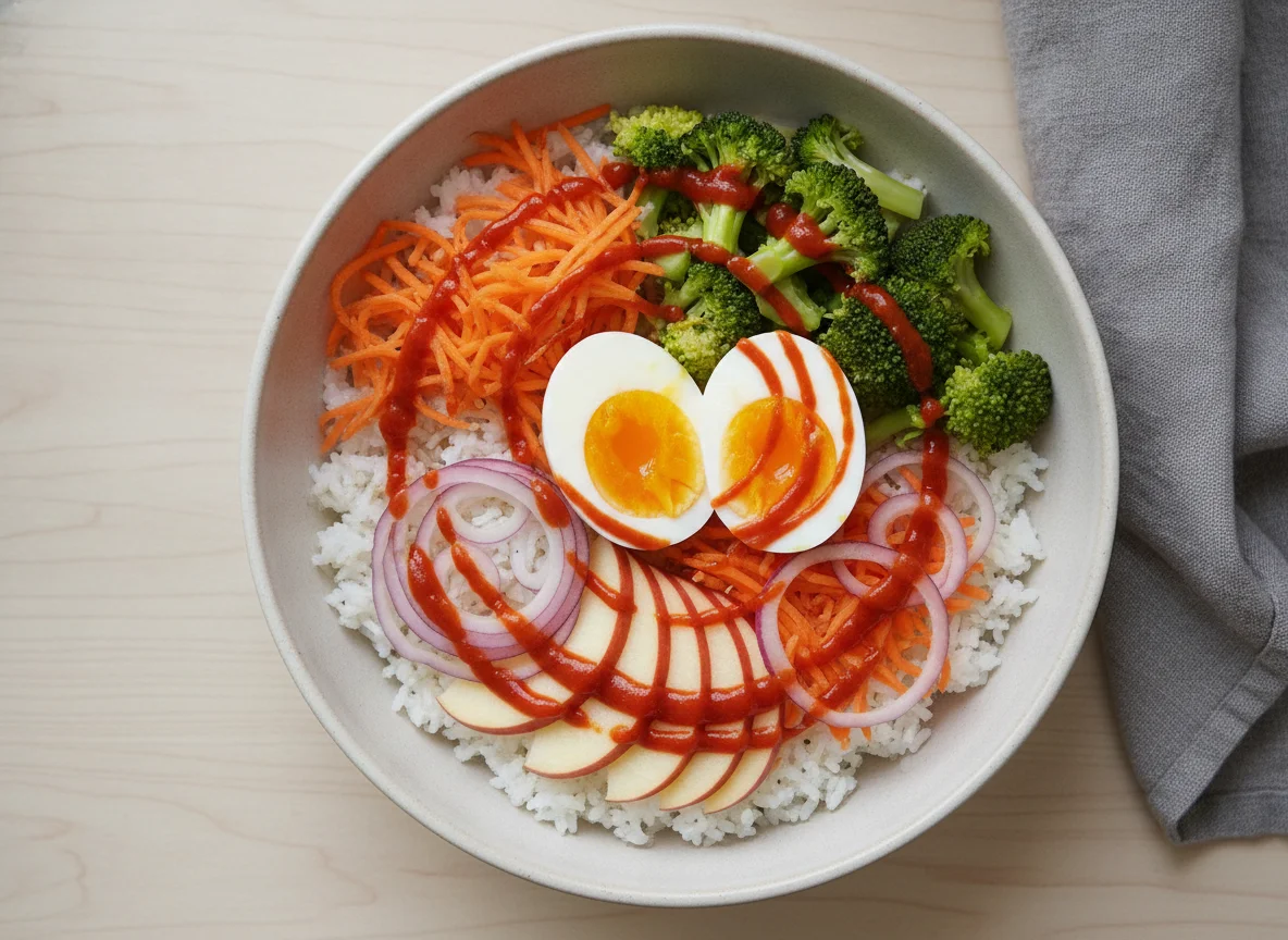 Rice bowl with steamed vegetables and hard-boiled egg photo