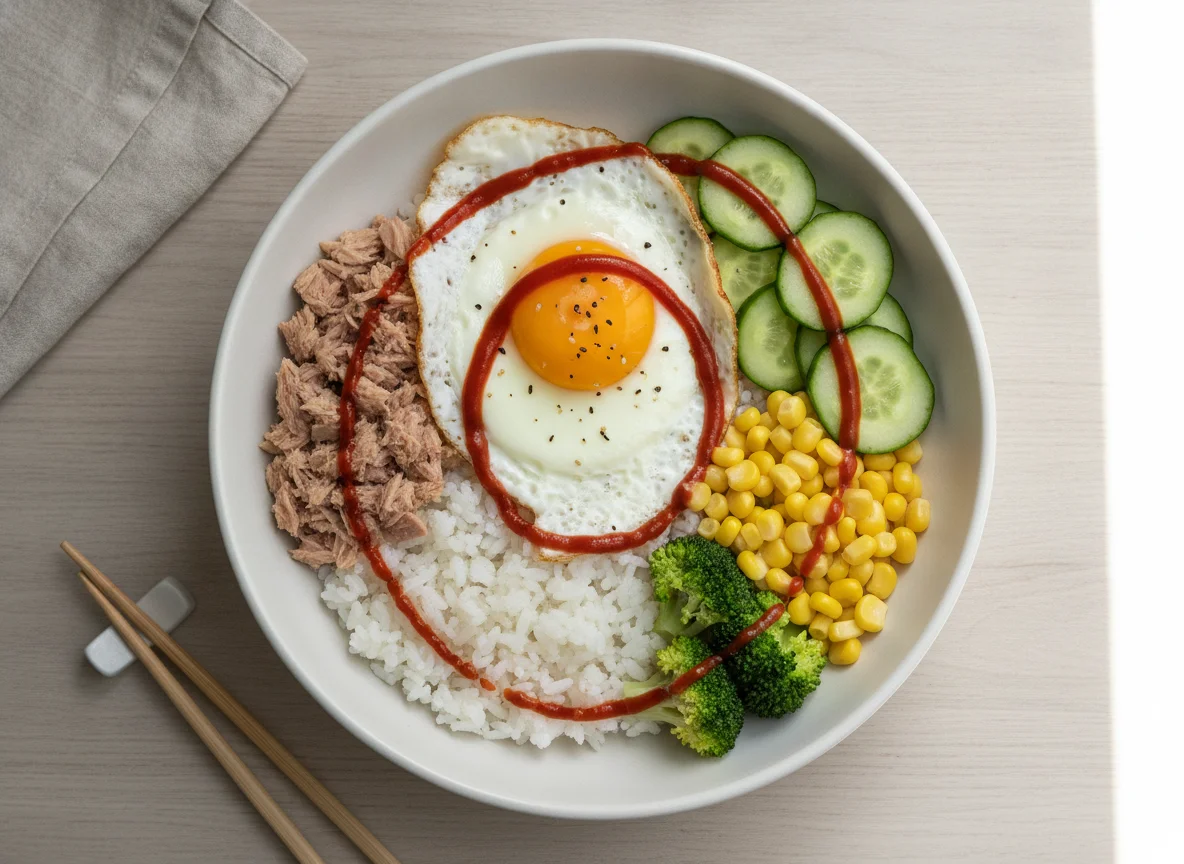 Rice bowl with tuna, egg, and vegetables photo