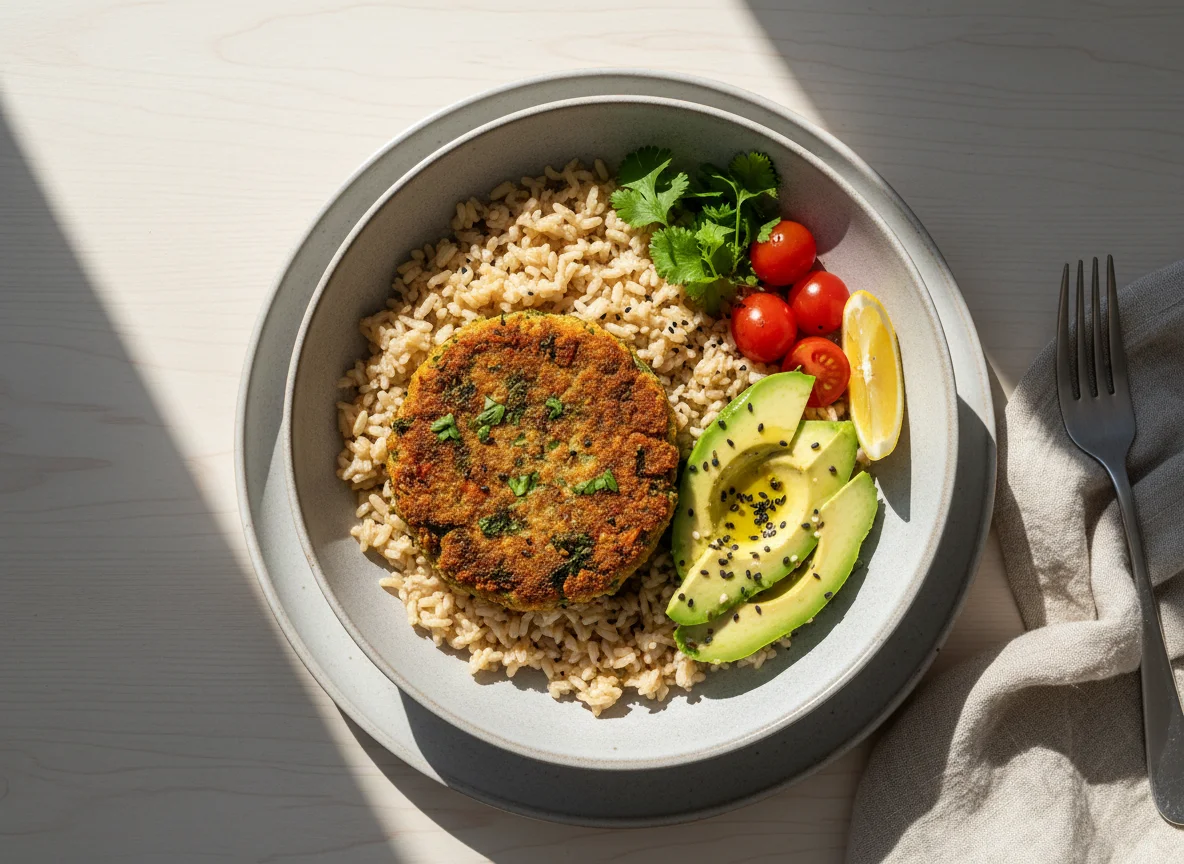 Rice Bowl with Veggie Patty and Avocado photo