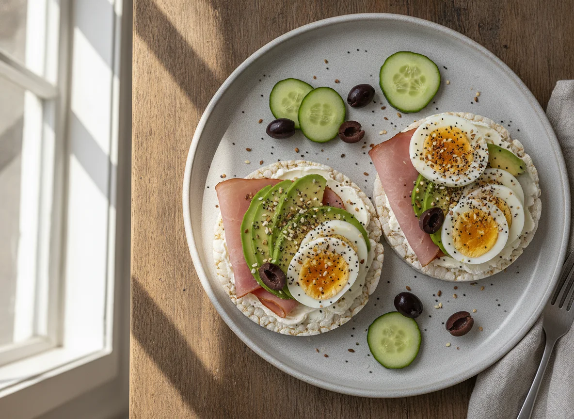 Rice cake with avocado, ham, and boiled eggs photo
