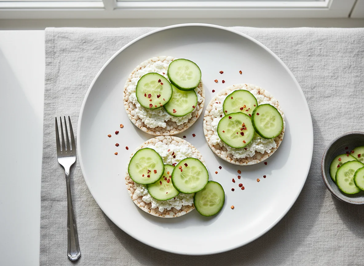 Rice cake with cottage cheese and cucumber photo