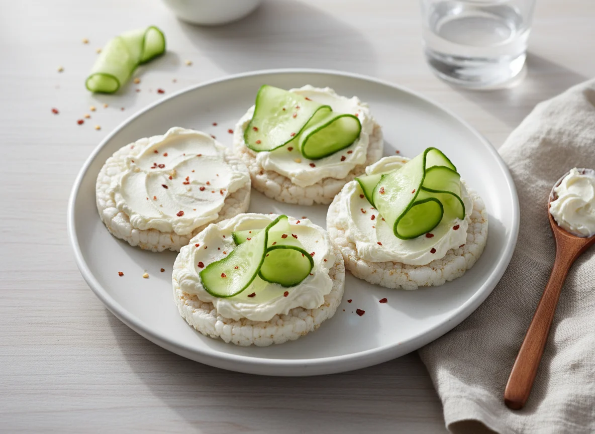 Rice cake with cream cheese and cucumber photo
