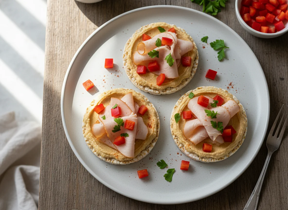 Rice Cake with Hummus, Turkey, and Red Bell Pepper photo