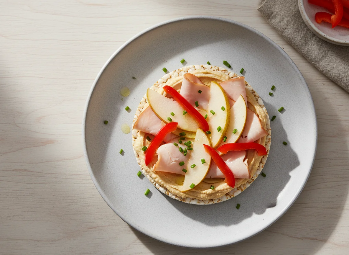 Rice Cake with Hummus, Turkey, Red Pepper, and Pear photo