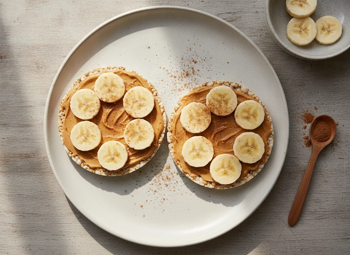 Rice cake with peanut butter and banana photo