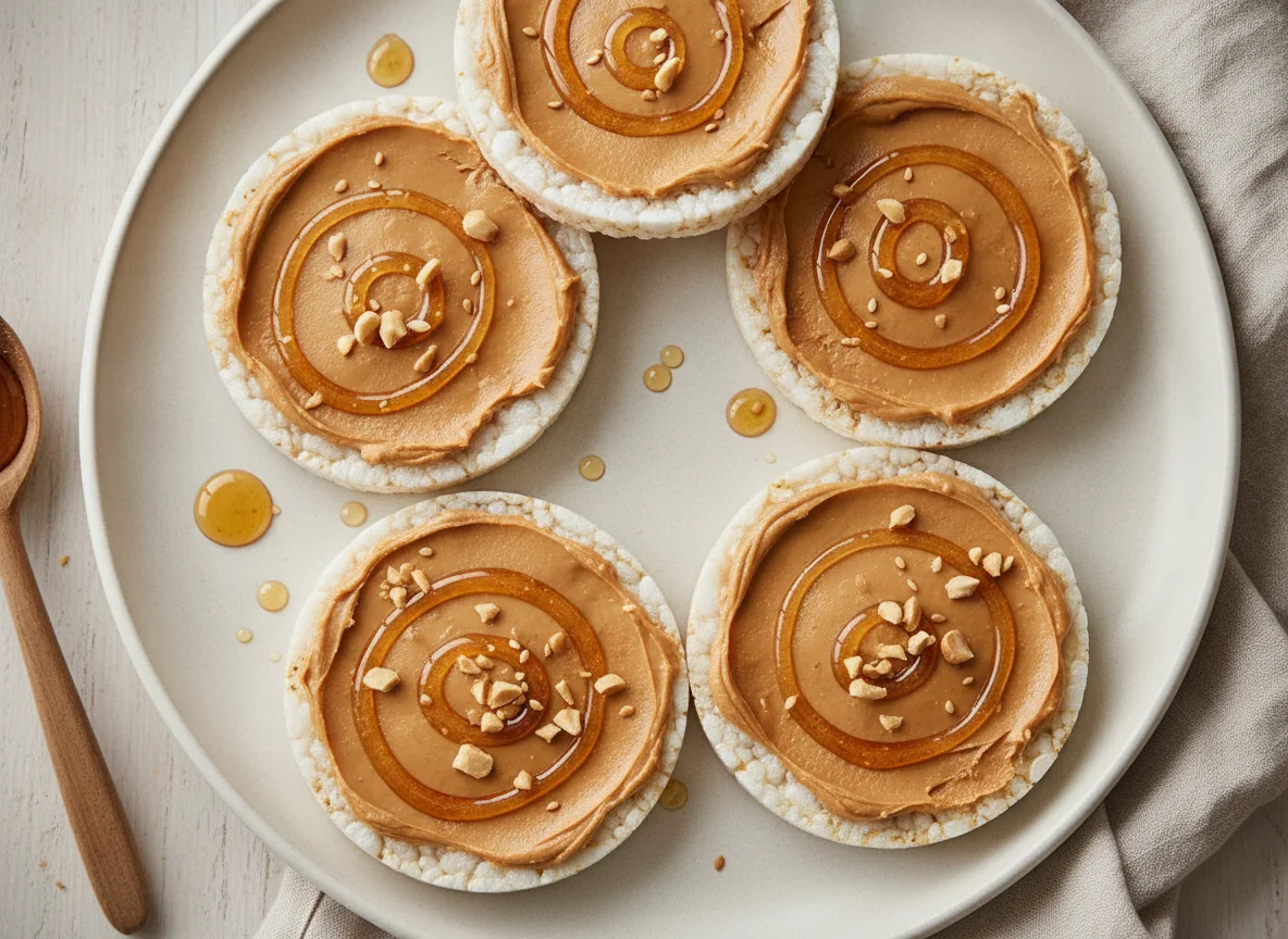 Rice cake with peanut butter and honey photo