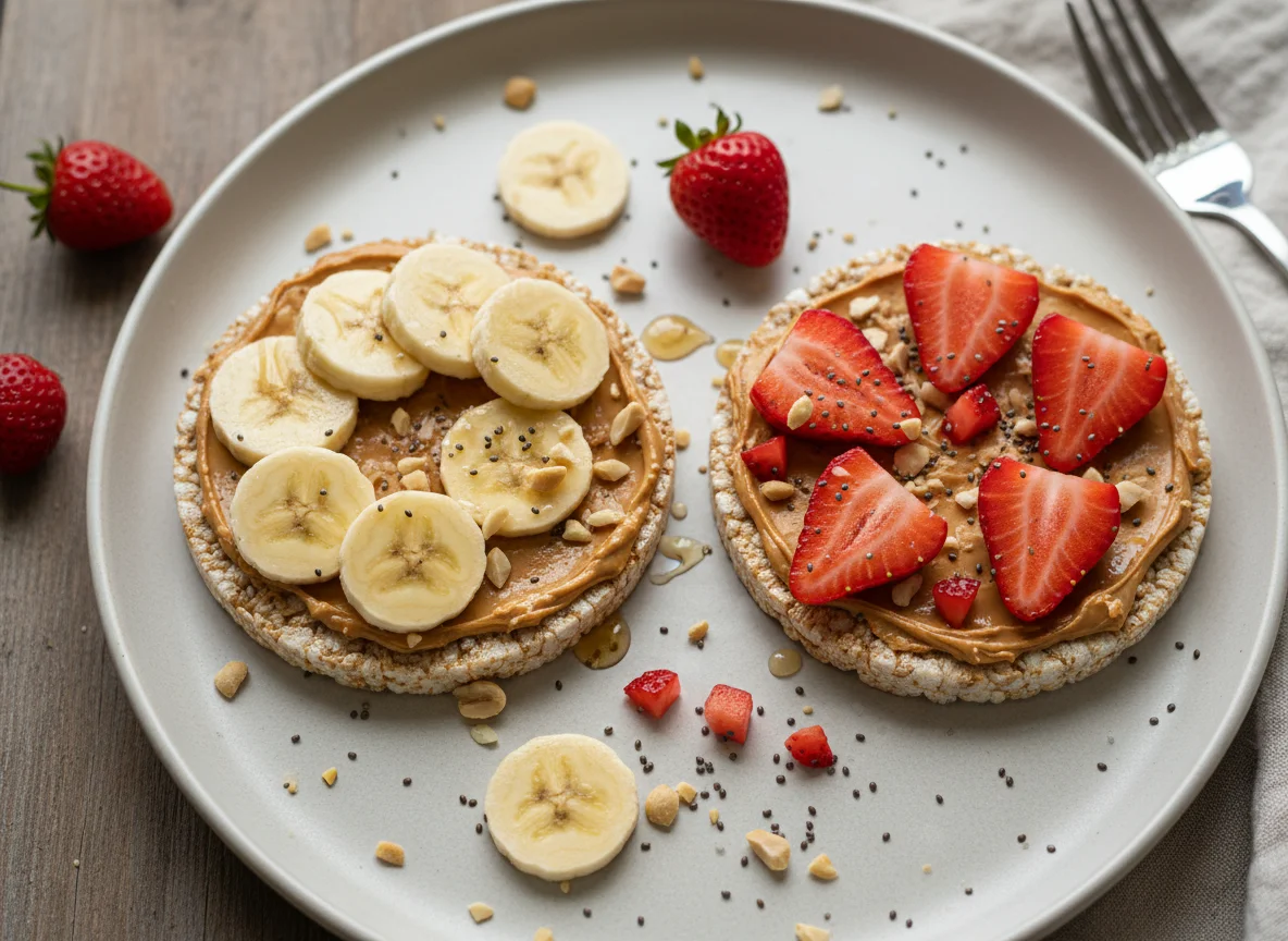 Rice Cake with Peanut Butter, Banana, and Strawberries photo