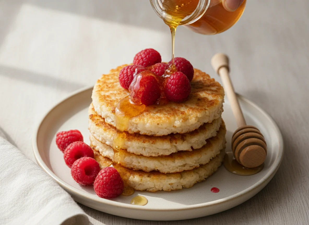Rice cake with raspberries and honey photo