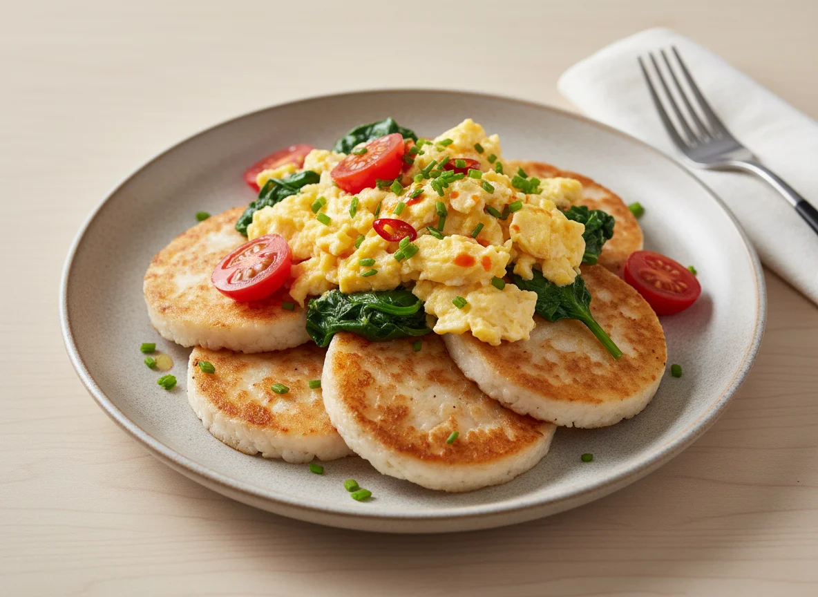 Rice Cake with Scrambled Eggs and Vegetables photo