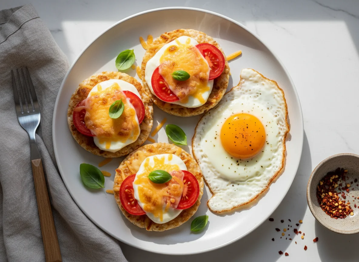 Rice cakes with cheese and tomato, and a fried egg photo