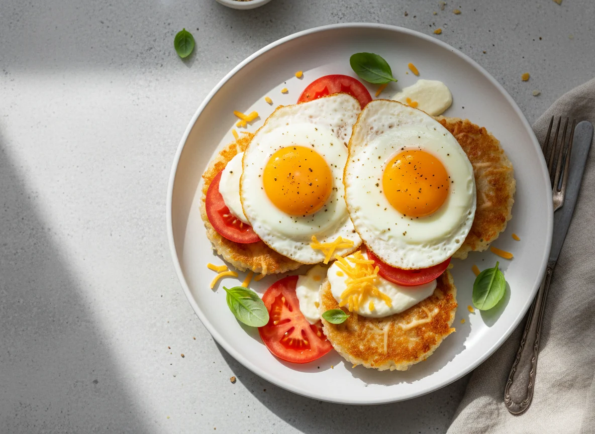 Rice Cakes with Cheese, Tomato, and Fried Egg photo