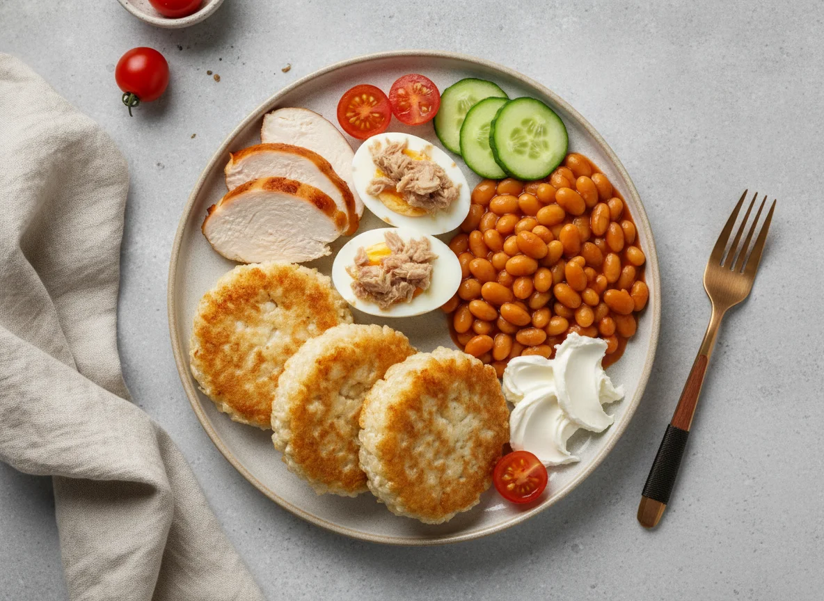 Rice cakes with chicken, eggs, and baked beans photo