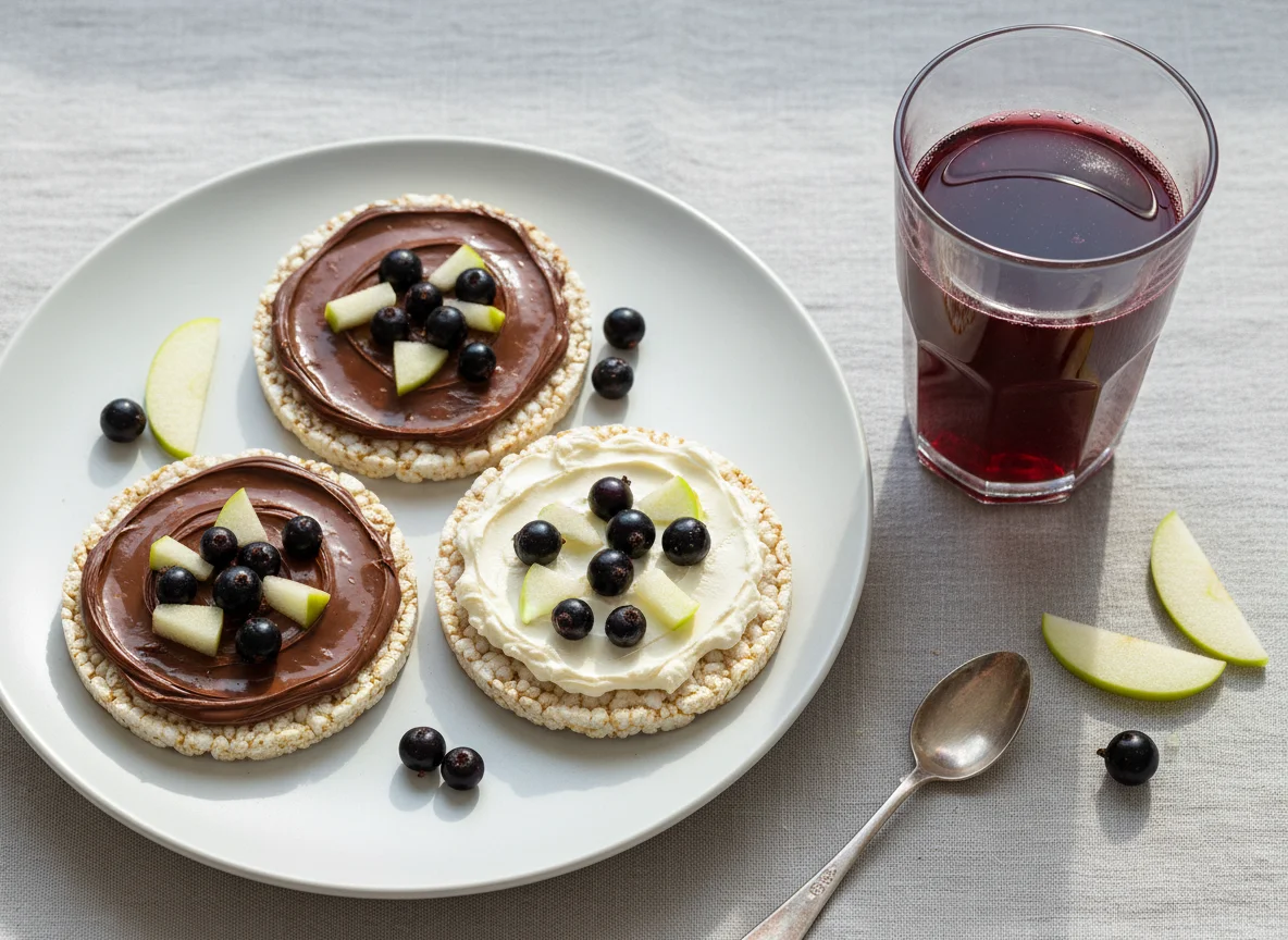 Rice cakes with chocolate and cream cheese spread and apple blackcurrant juice photo
