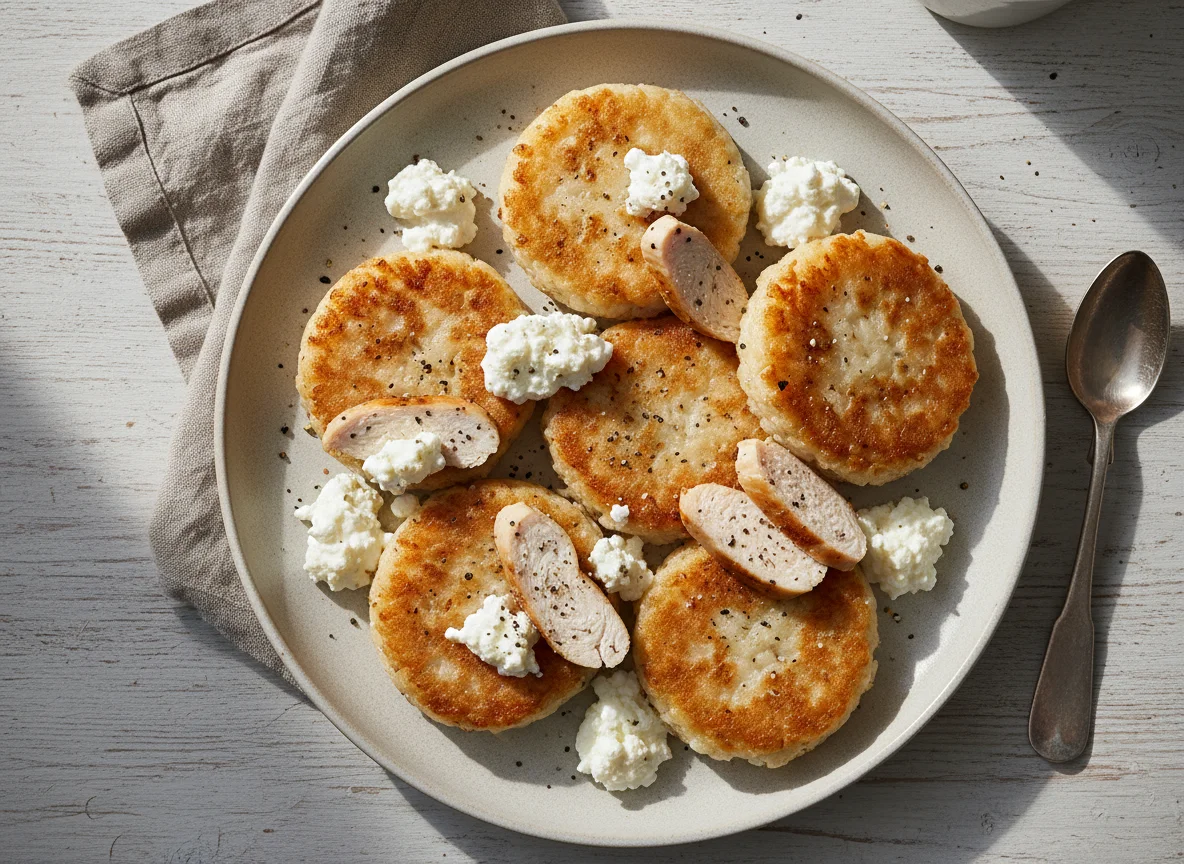 Rice cakes with cottage cheese and chicken photo