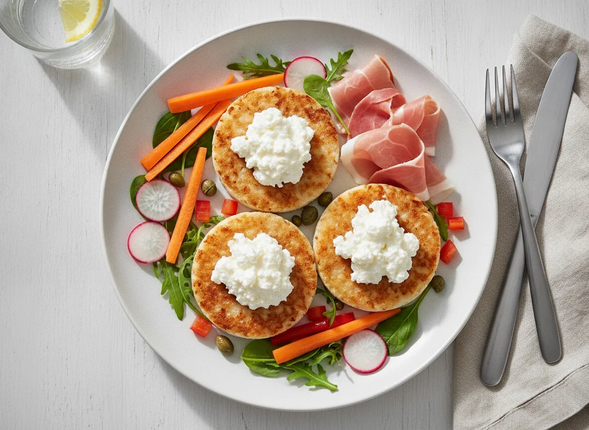 Rice cakes with cottage cheese, ham and vegetables photo