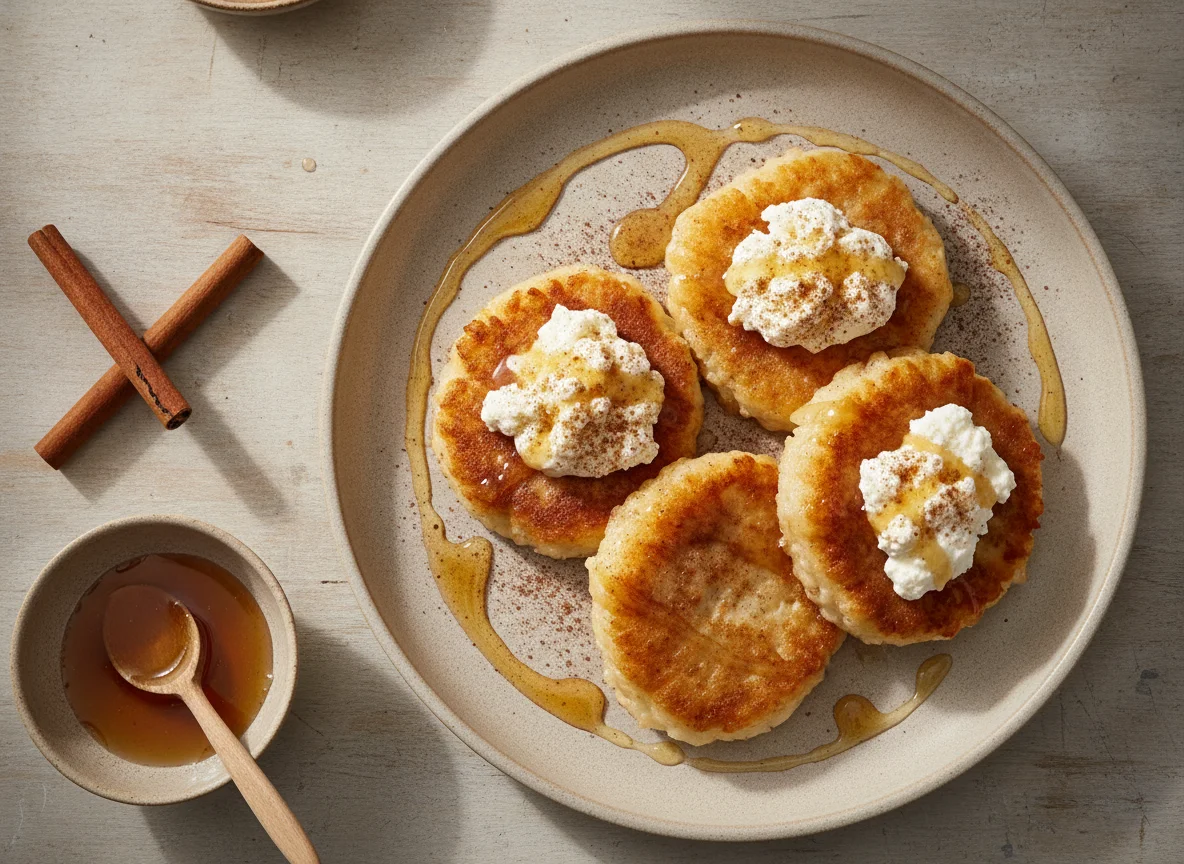 Rice cakes with cottage cheese, honey and cinnamon photo