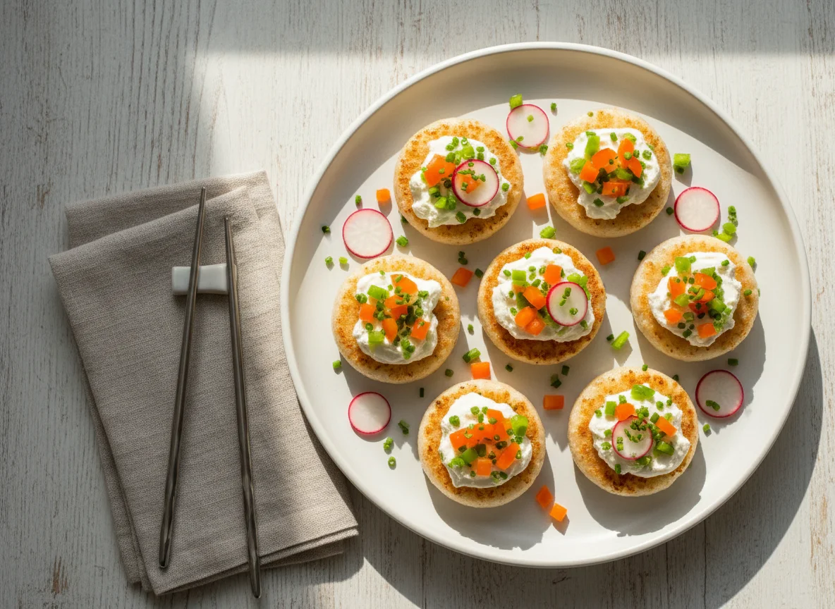 Rice cakes with cream cheese and vegetables photo