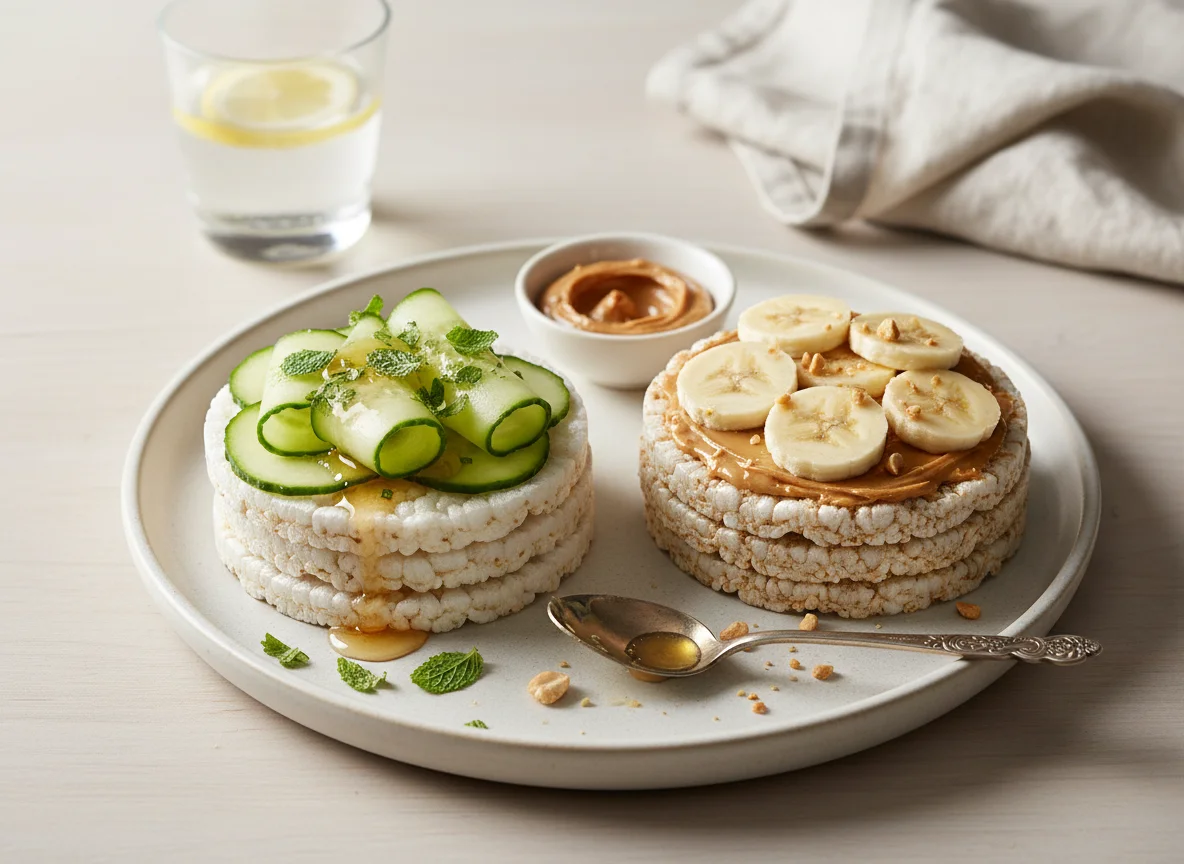 Rice cakes with cucumber and banana peanut butter photo