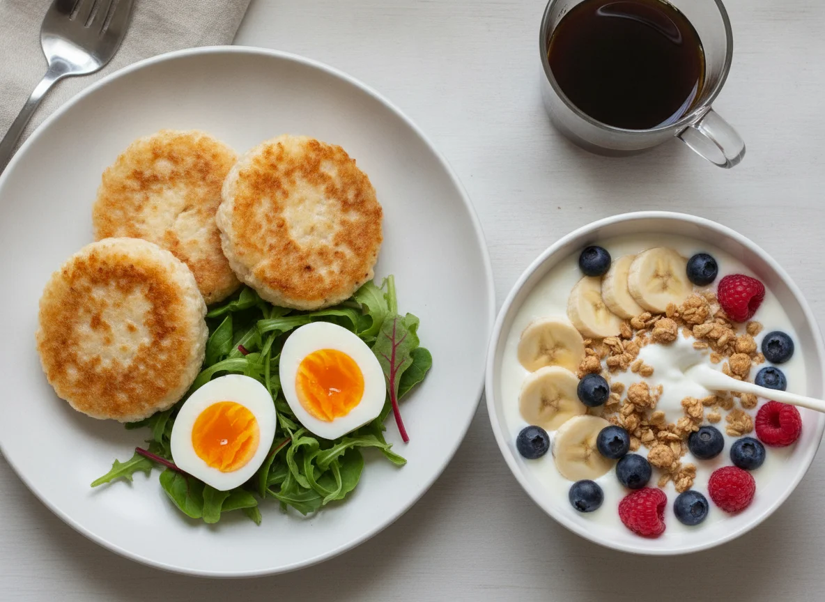 Rice cakes with egg and protein yoghurt bowl photo