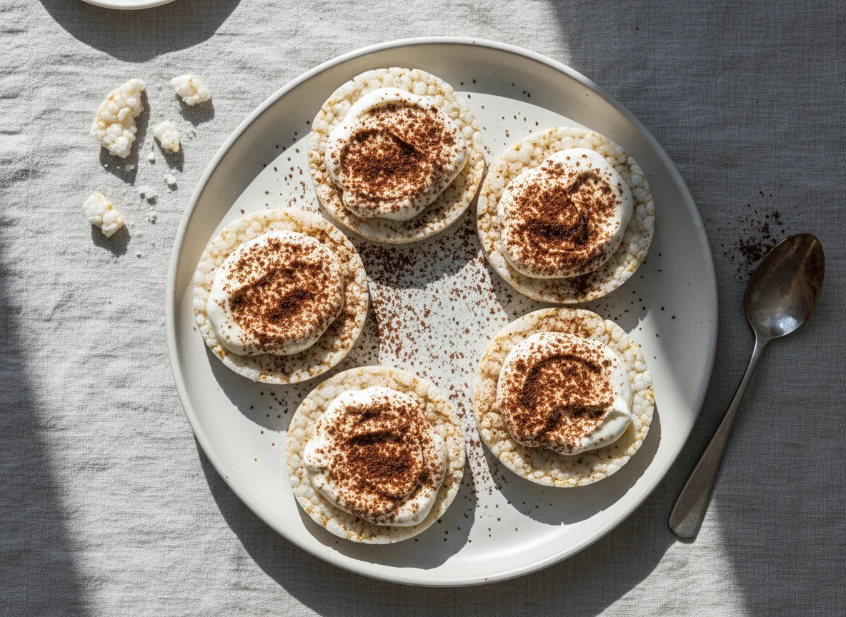 Rice cakes with high protein yogurt and cocoa powder photo
