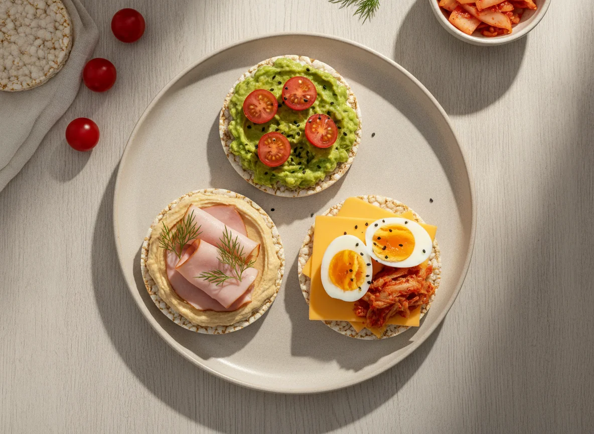 Rice cakes with hummus, guacamole, turkey ham, cheese, egg, and vegetables photo