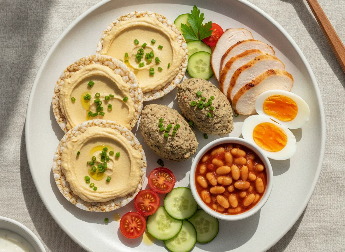 Rice cakes with hummus, rabbit pate, chicken breast, eggs, beans and vegetables photo