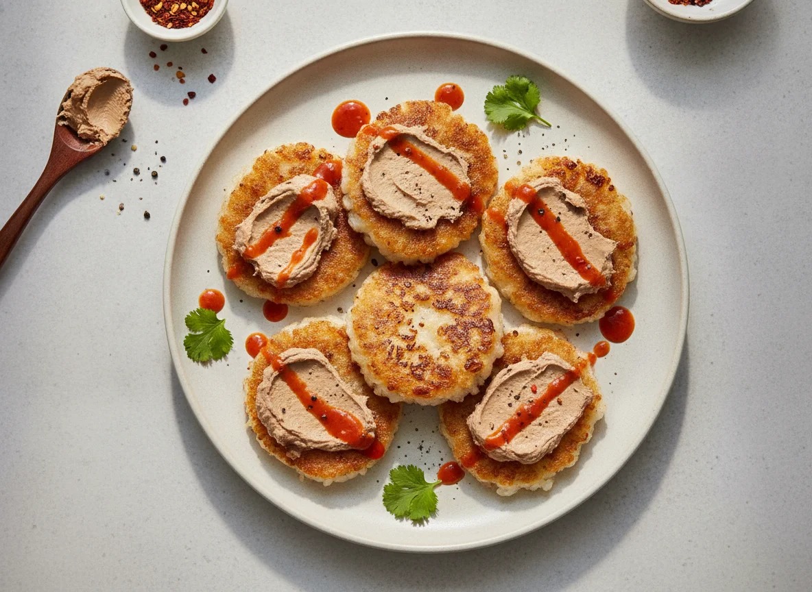 Rice cakes with liver pate and hot sauce photo