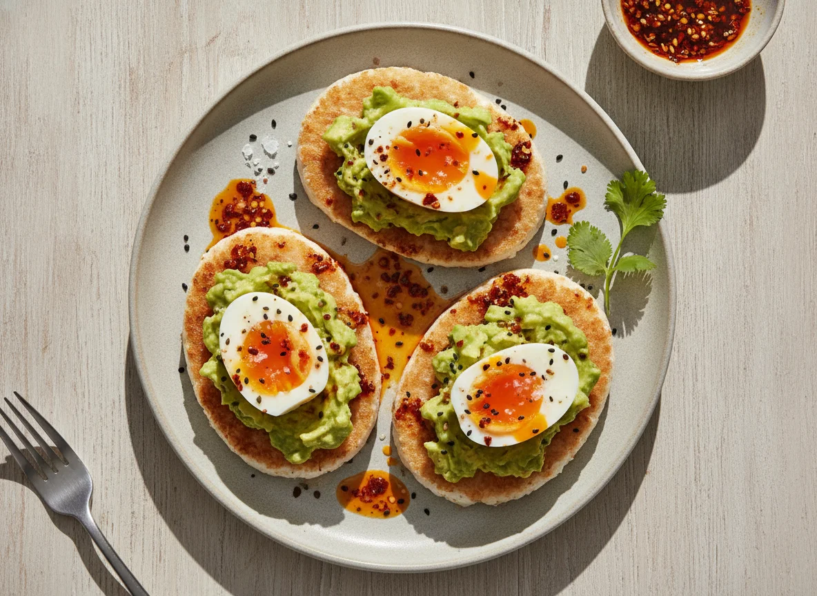 Rice cakes with mashed avocado and boiled egg photo