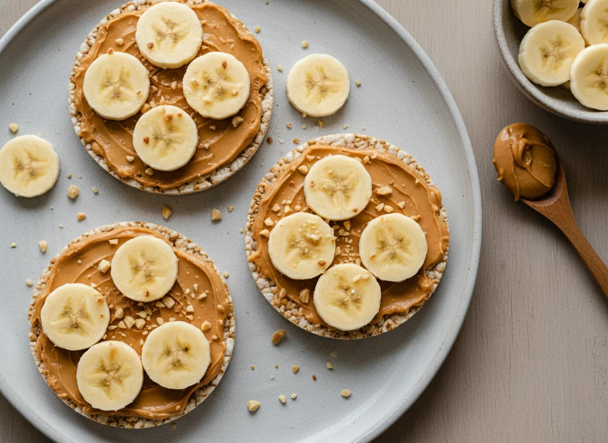 Rice cakes with peanut butter and banana photo