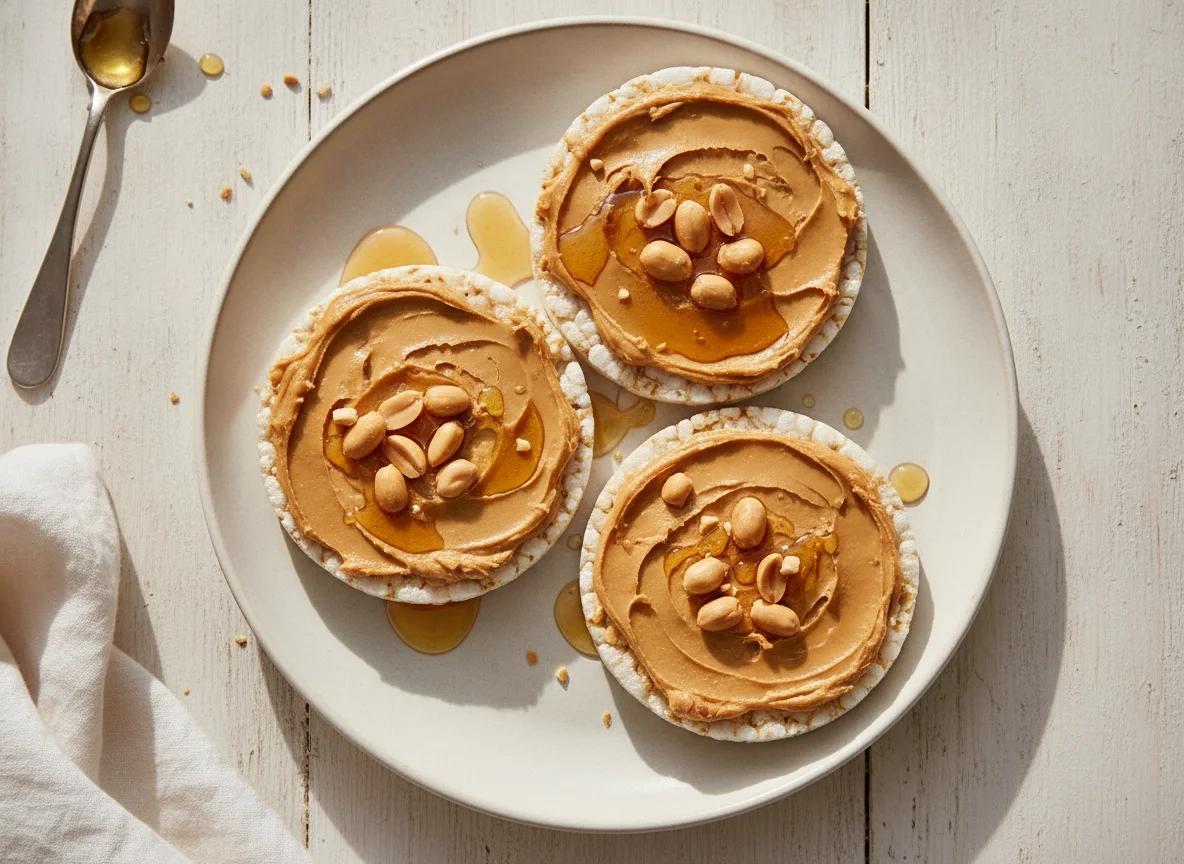 Rice cakes with peanut butter and honey photo
