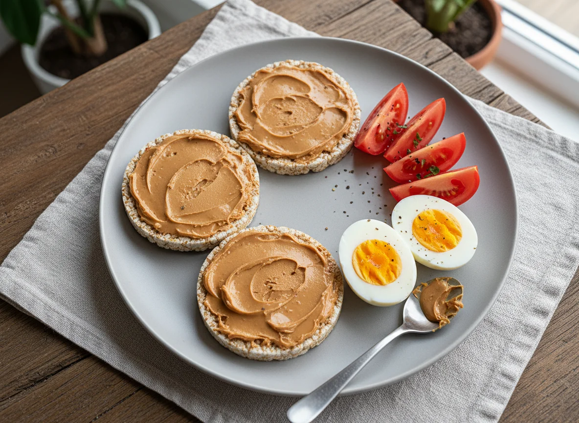 Rice cakes with peanut butter, hard-boiled eggs and tomato wedges photo