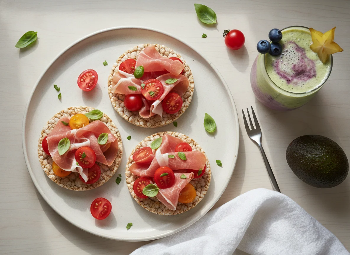 Rice cakes with prosciutto, tomato, and smoothie photo