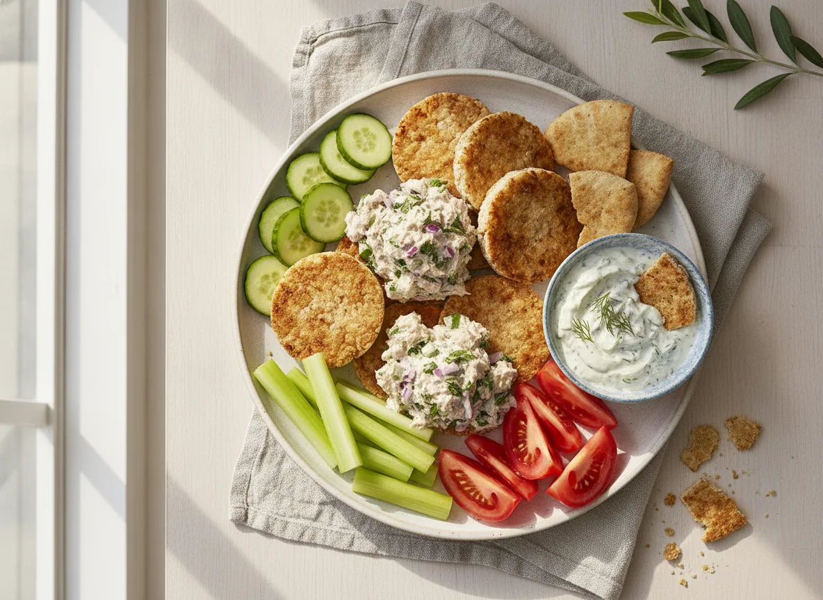 Rice cakes with tuna salad, vegetables, and dip photo