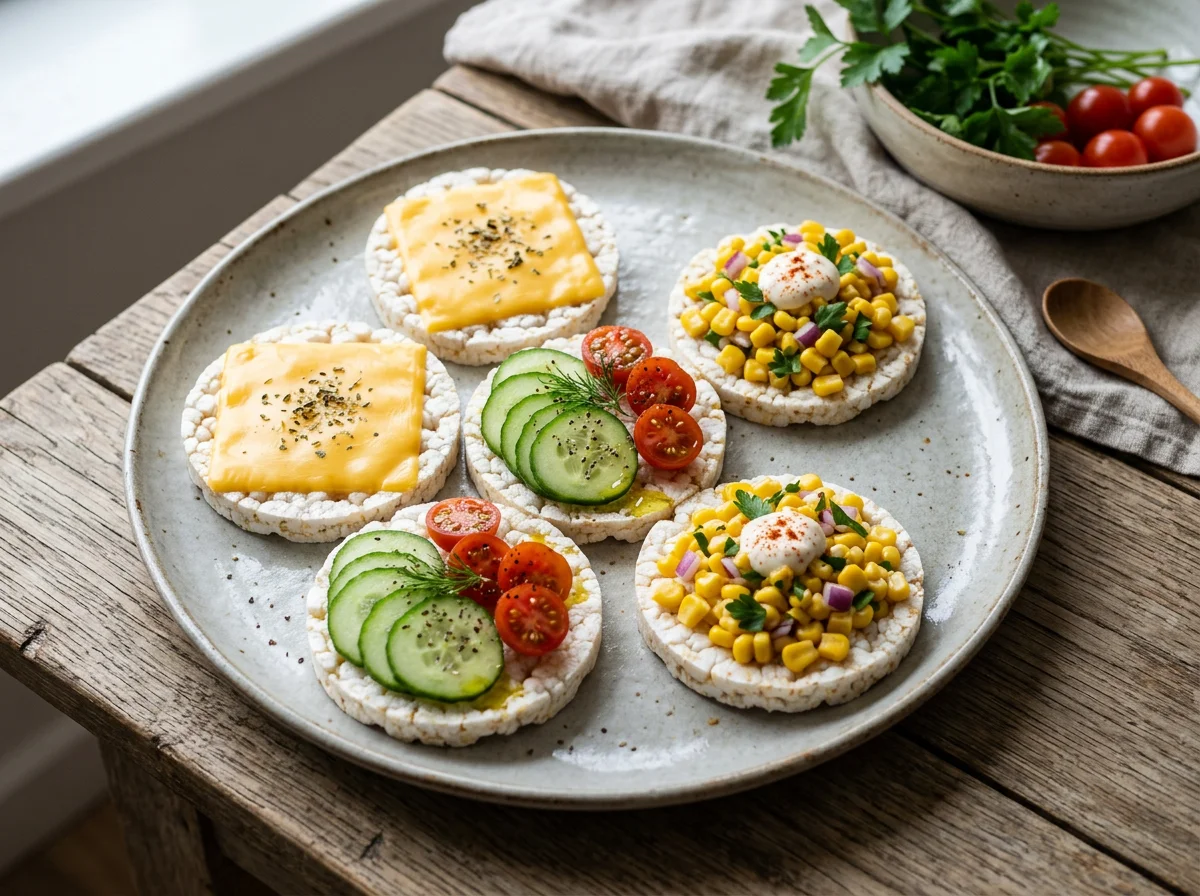 Rice cakes with various toppings photo