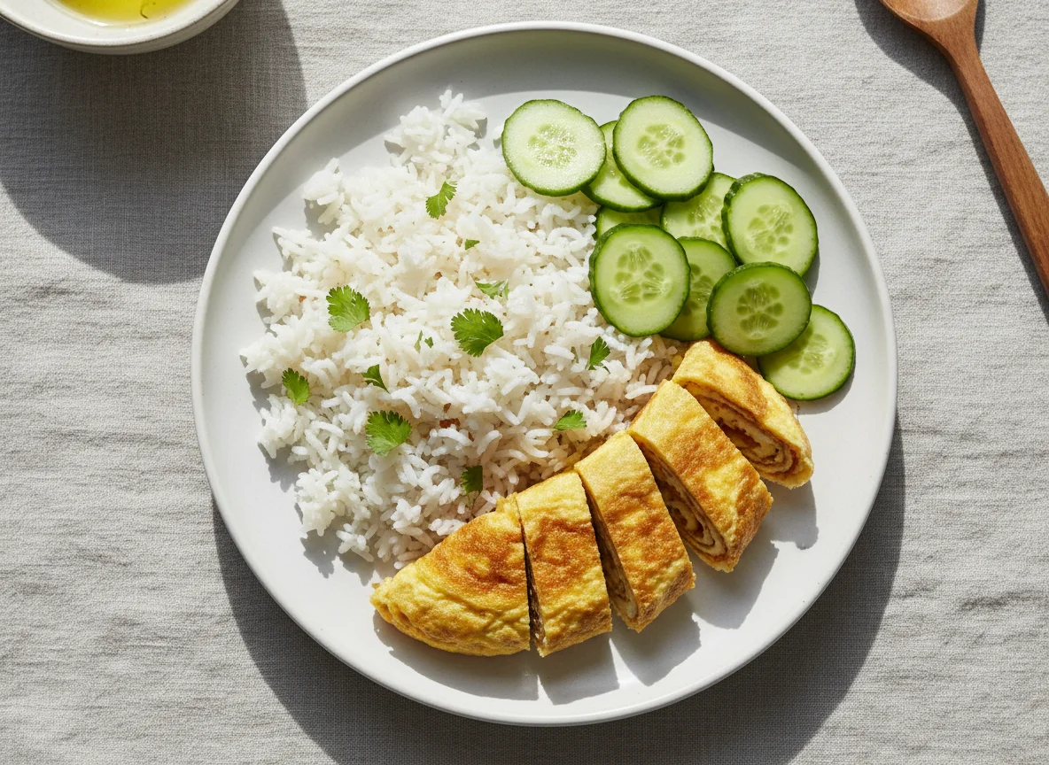 Rice, Omelette, and Cucumber photo