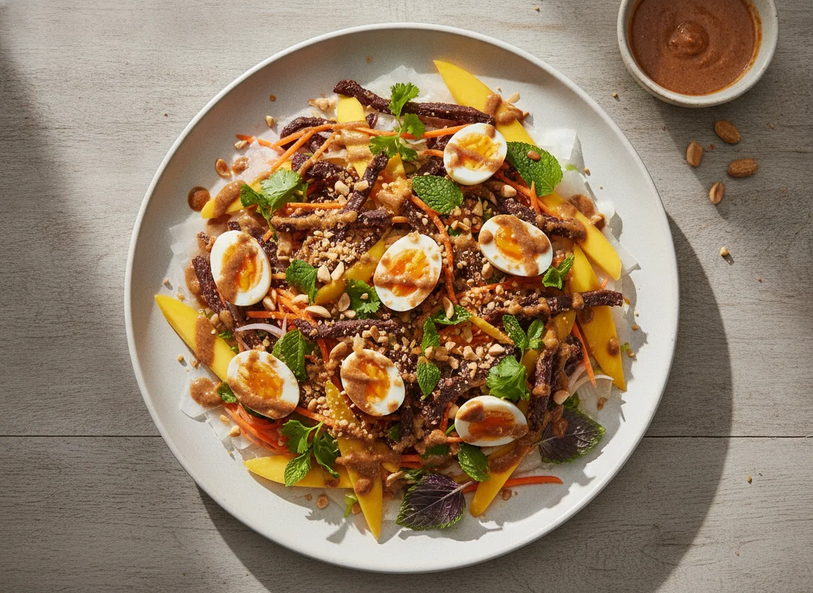 Rice Paper Salad with Beef and Quail Eggs photo