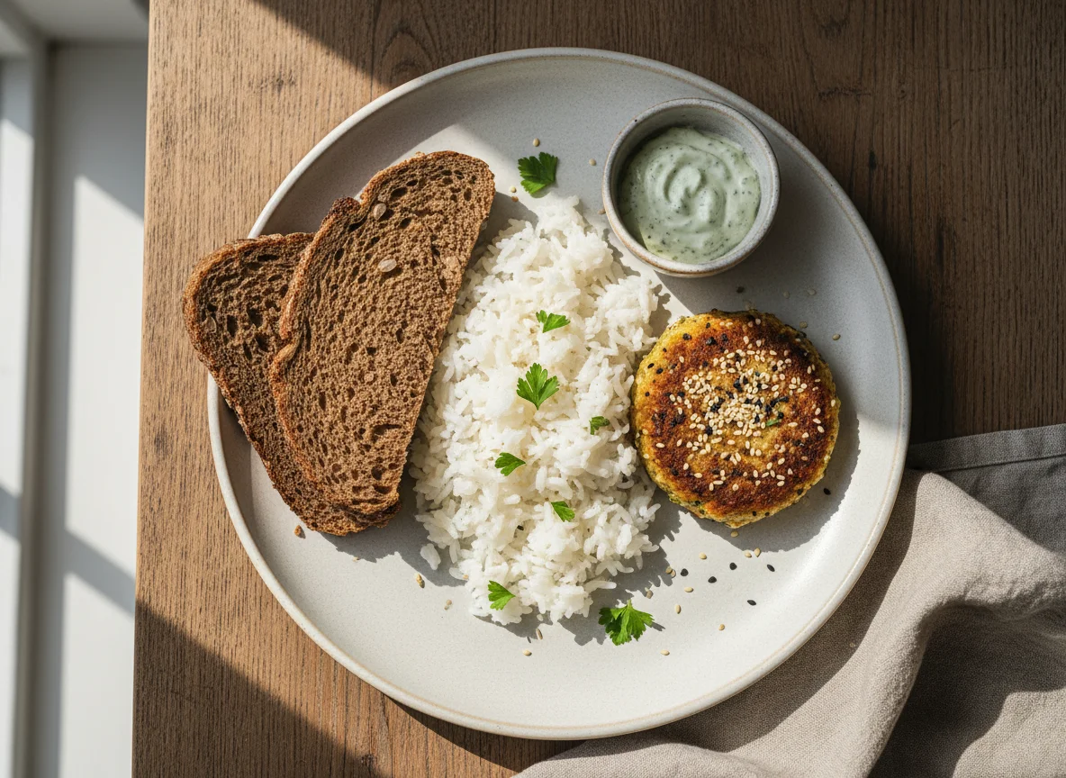 Rice, Patties, and Dark Bread photo