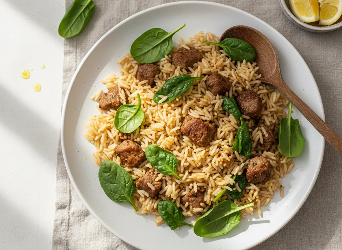 Rice Pilaf with Meat and Fresh Spinach photo