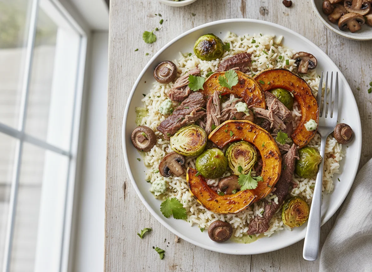 Rice pilaf with roasted vegetables and meat photo