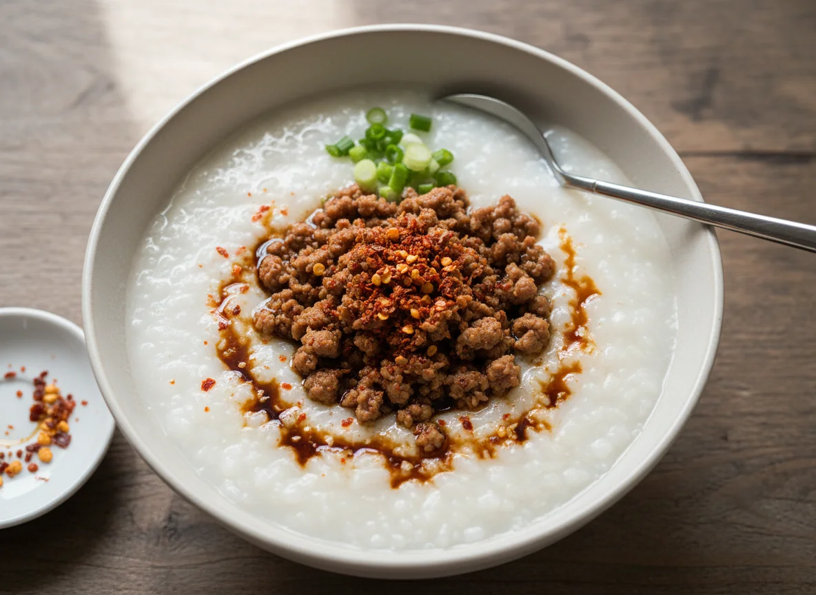 Rice Porridge (Jok) with Pork and Chili Flakes photo