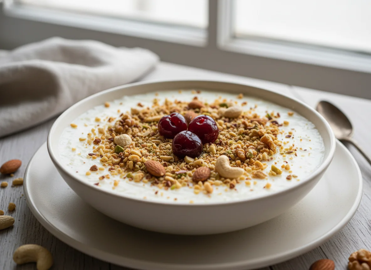 Rice Pudding with Nuts and Cherry photo