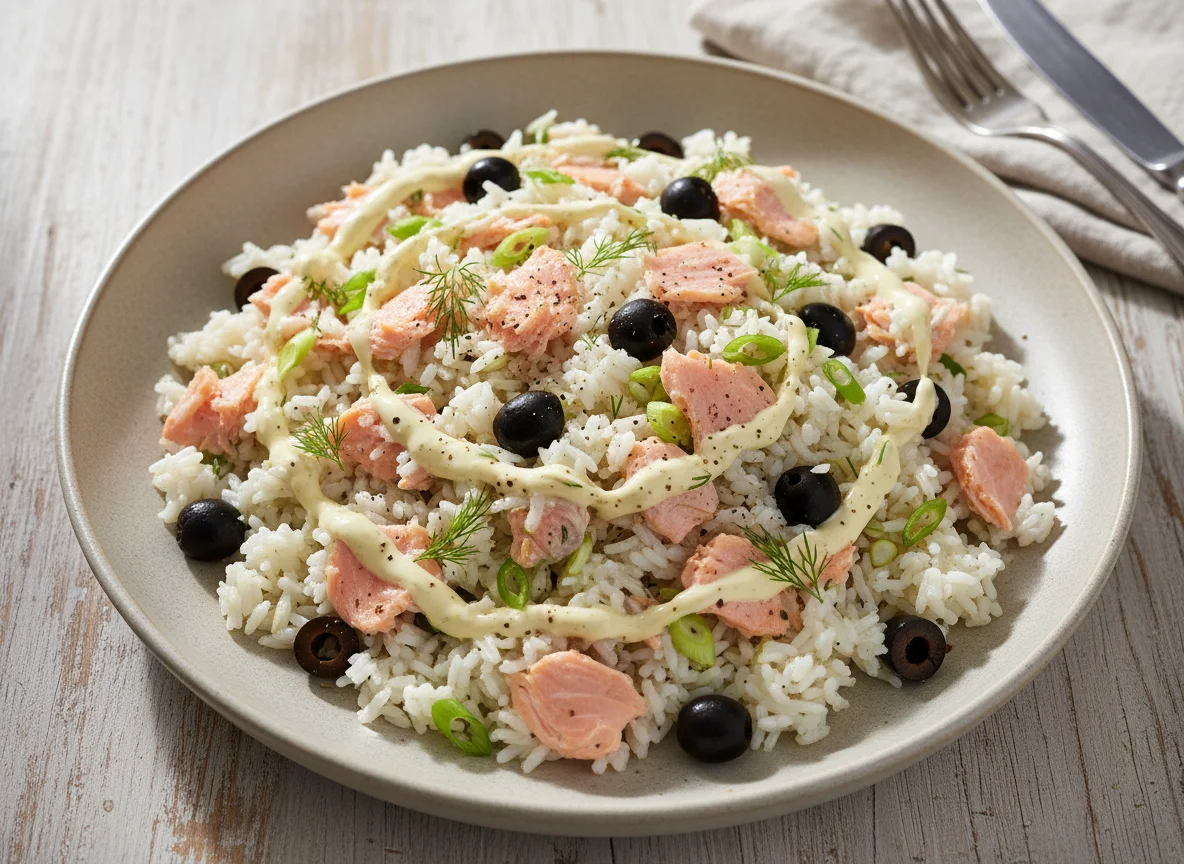 Rice salad with salmon, olives, and dressing photo