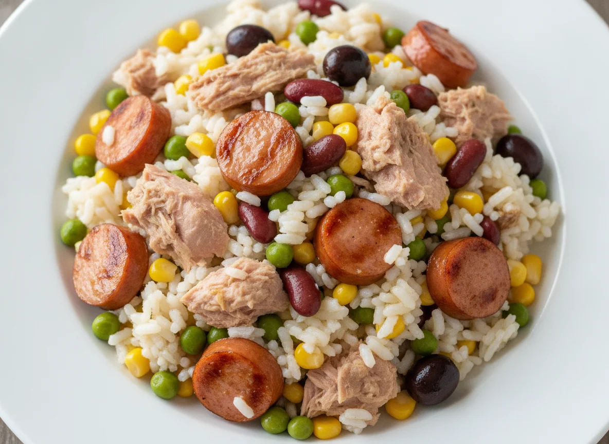 Rice salad with tuna and sausage photo